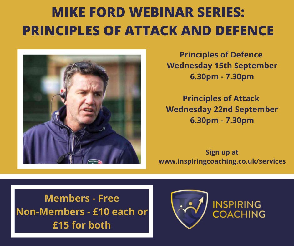 Don't forget we are welcoming <a href="/Mike7Ford/">Mike Ford</a> to delver 2 webinars (Wednesday 15th &amp; 22nd) on defence &amp; attack. 

Great CPD for the start of the new season as well! 

Details below and you can sign up at inspiringcoaching.co.uk/services

#coaching #rugby