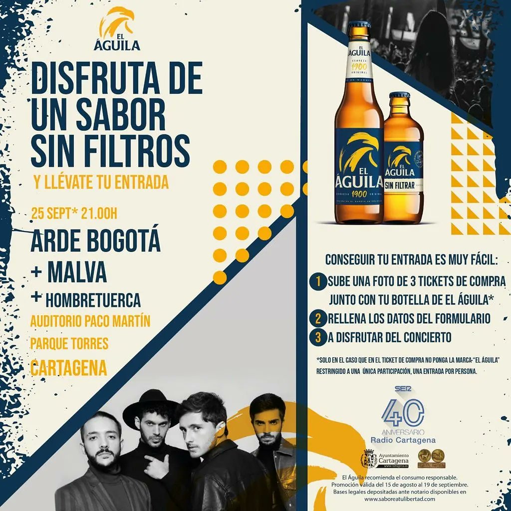 Os recordamos que el 25 de septiembre estamos en Cartagena, y que sólo tenéis que subir 3 tickets de consumición en tu bar de El Águila a saboreatulibertad.com

Quién viene?? 

Luego, jaleo en la calle del aire🔥