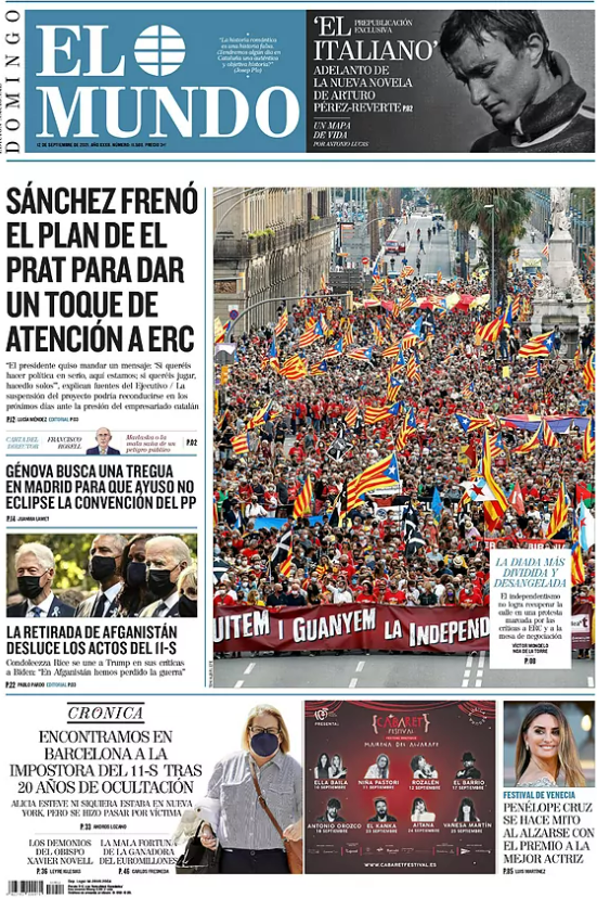 Hoy los lectores de <a href="/elmundoes/">EL MUNDO</a> encuentran una portada que les tranquiliza: "La Diada más dividida y desangelada", con una foto que parece enseñar objetivamente una manifestación independentista pequeña. ¿Por qué es una burda manipulación y un engaño a los lectores?👇(Hilo)