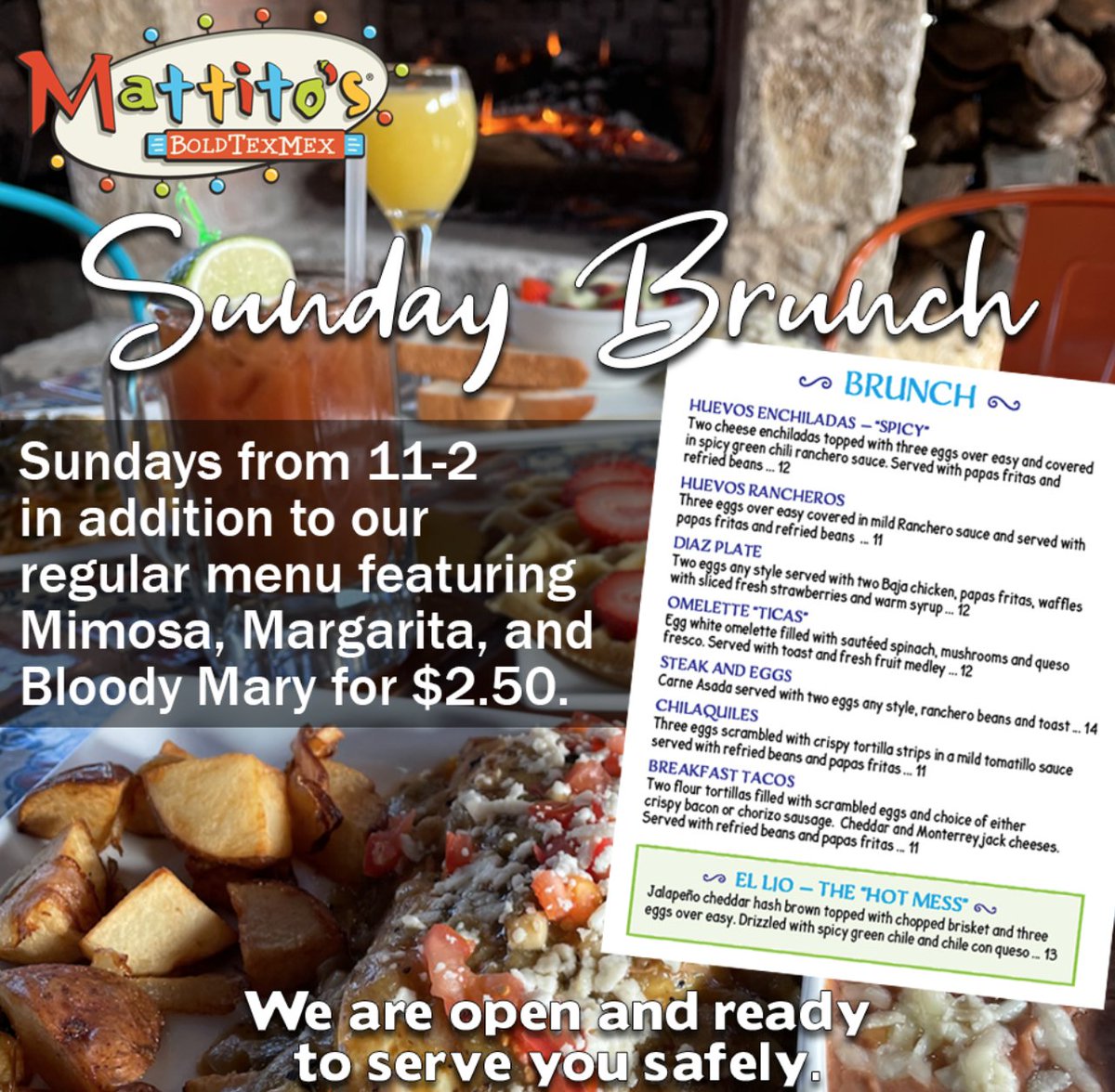 Grab your friends and family and come into Mattito's today for our gala Sunday Brunch.  It's the perfect way to get this great day started!
mattitos.com/brunch-at-matt…