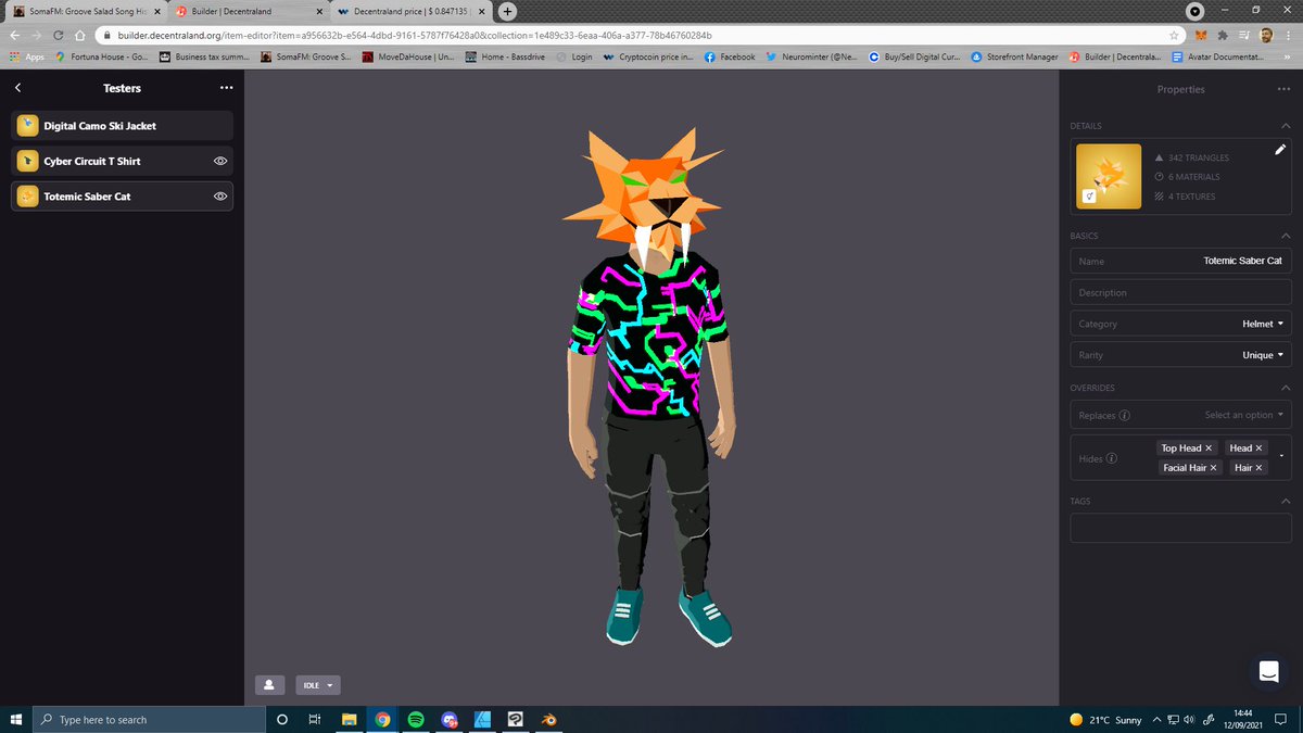 I'm finally able to create wearables! Got a few prototypes working in the builder. I'd like to say a big shout out to the peeps in <a href="/decentraland/">Decentraland</a> discord, making-wearables channel for letting me know about Hiroto Kai's awesome tutorial videos. These helped me so much!