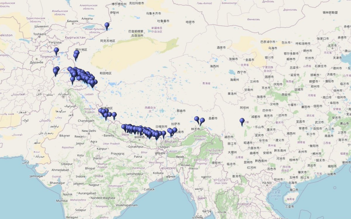 シータ 世界の山を高い順に100山プロットした地図があったが 全部このエリアに尽きていた ほとんどがヒマラヤかカラコルムに属する ぽつんと上と左上にあるのはポベーダ 中国 キルギス とイスモイル ソモニ タジキスタン 右のぽつんとしたのは