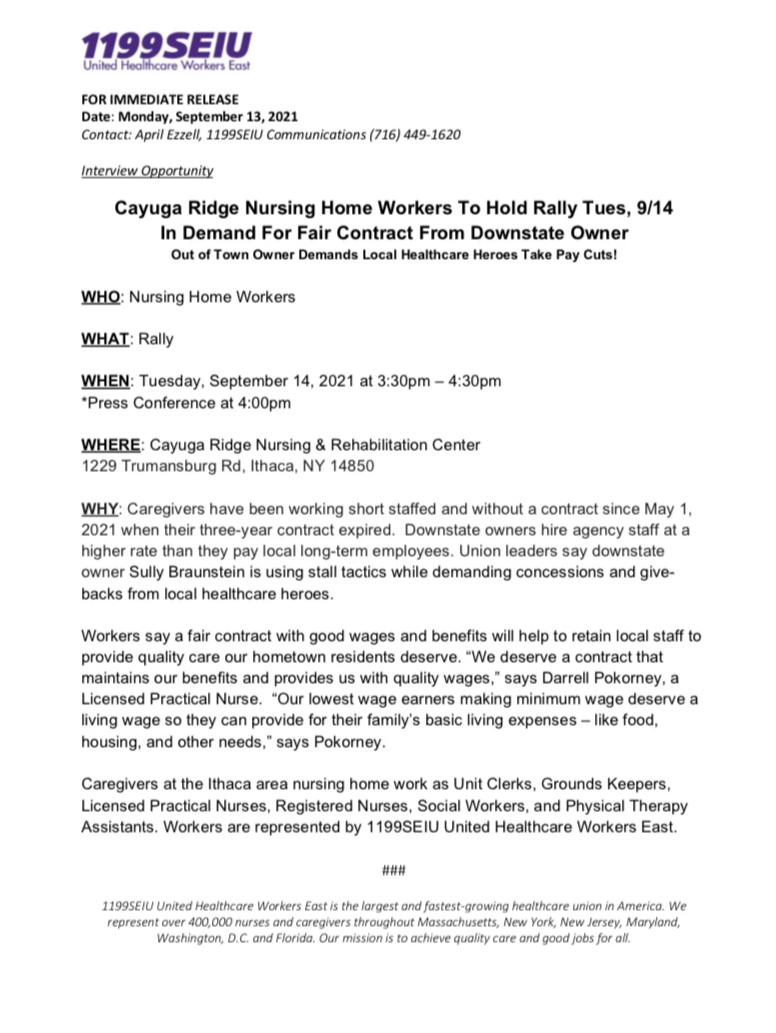 🚨LOCAL LABOR ACTION ALERT - ITHACA, NY🚨

On Tuesday, September 14th, Cayuga Ridge Nursing Home workers with <a href="/1199SEIU/">1199SEIU💫</a> will be holding a rally in demand of a fair contract! 

If you're in the Ithaca area, come on down in support of local labor! Press release below! ⬇️ #1u