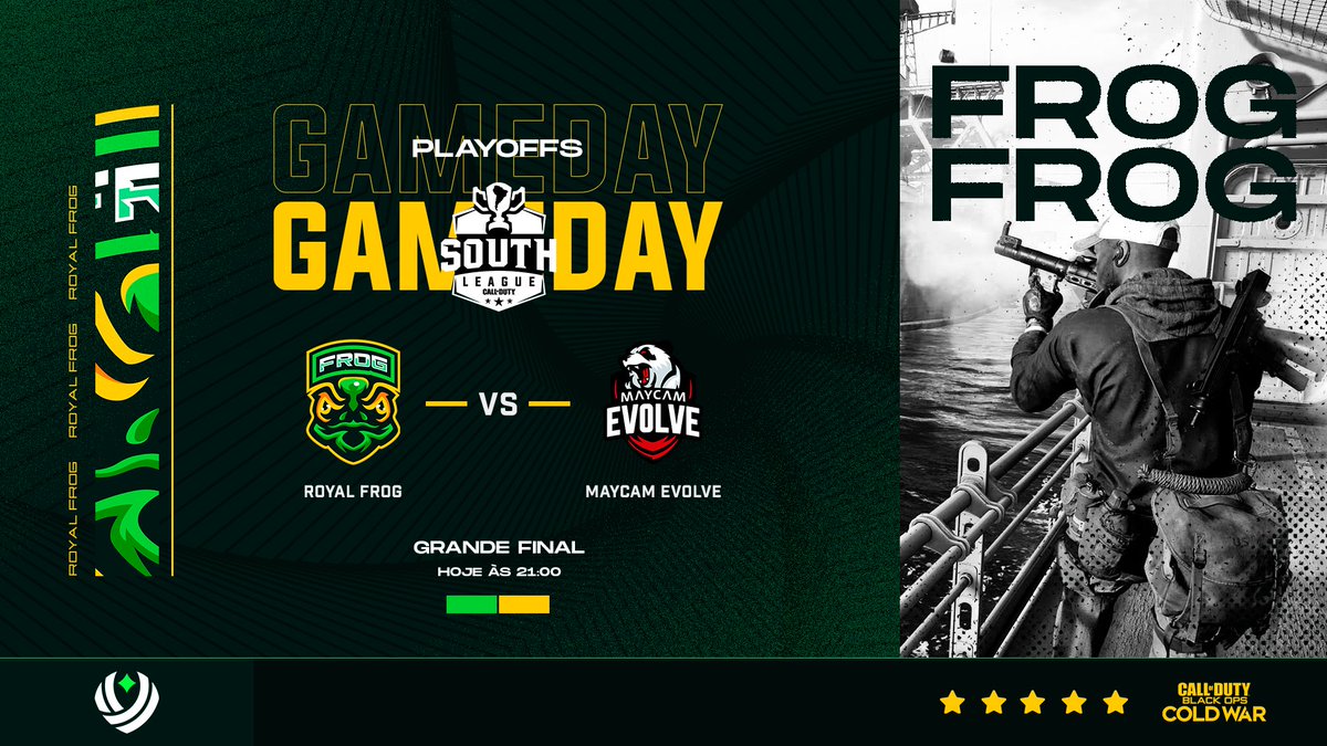 🚨GRANDE FINAL🚨

HOJE iremos jogar contra a <a href="/MaycamEvolve/">MAYCAM EVOLVE</a> para definirmos o Grande Campeão da <a href="/SouthCodLeague/">South CoD League</a>!! 
PRA CIMA TROPA! 🔥🐸🔥🐸🔥

🕘 21:00
📺 twitch.tv/southleague_tdj

#BeRoyal👑 #GoFrog🐸