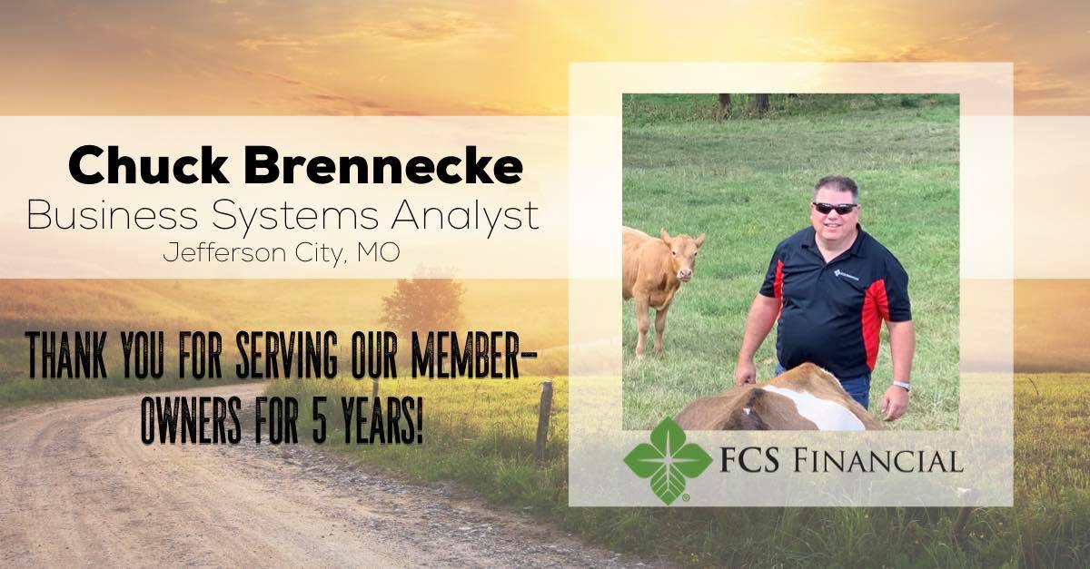 FCSFinancial's tweet photo. Today our cooperative is celebrating business systems analyst Chuck Brennecke! Chuck has been with FCS Financial for five years today. Chuck indicates the things he really enjoys about FCS Financial are being surrounded by #ag #experts and the variety of work. #TeamFCSF https://t.co/rONixgQpf8