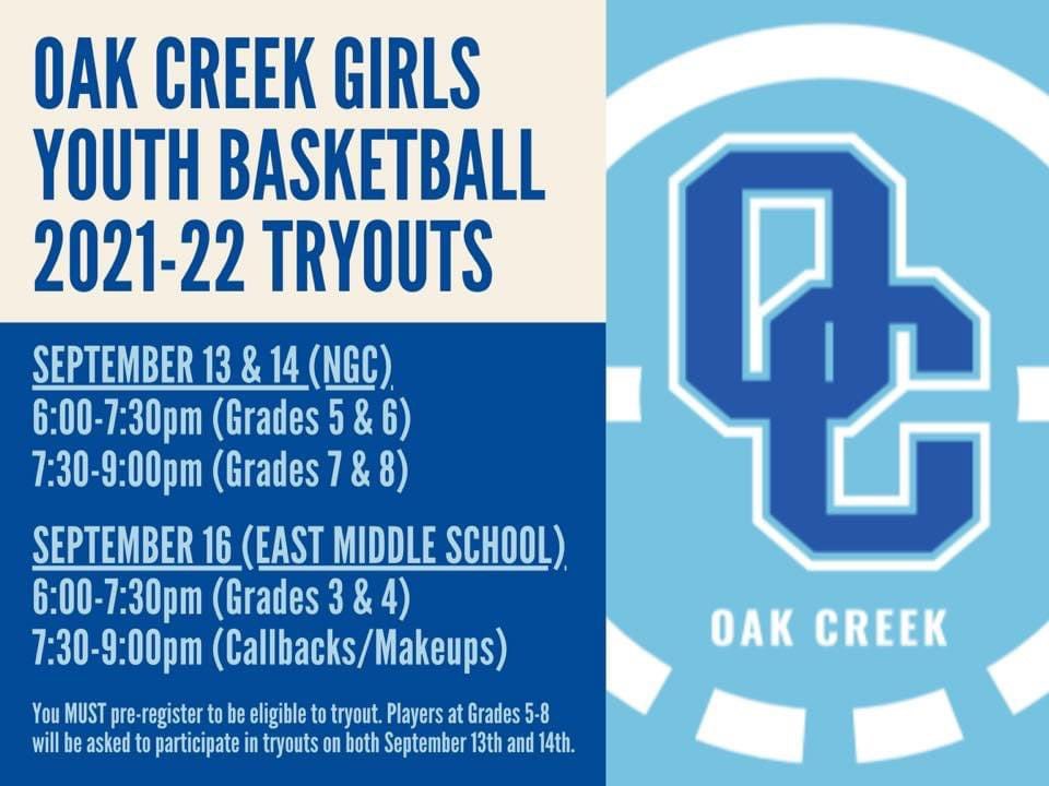 🏀💙 It’s here! Tryouts start TOMORROW for grades 5-8 and Thursday for grades 3-4.

📆 SEPT 13 &amp; 14:
📍NGC
⏰ 6-7:30: 5/6 grade
⏰ 7:30-9: 7/8 grade

📆 SEPT 16:
📍East Middle School
⏰ 6-7:30: 3/4 grade
⏰ 7:30-9: Makeups

You must pre-register at forms.gle/NrzEqa9f9ro1qZ….