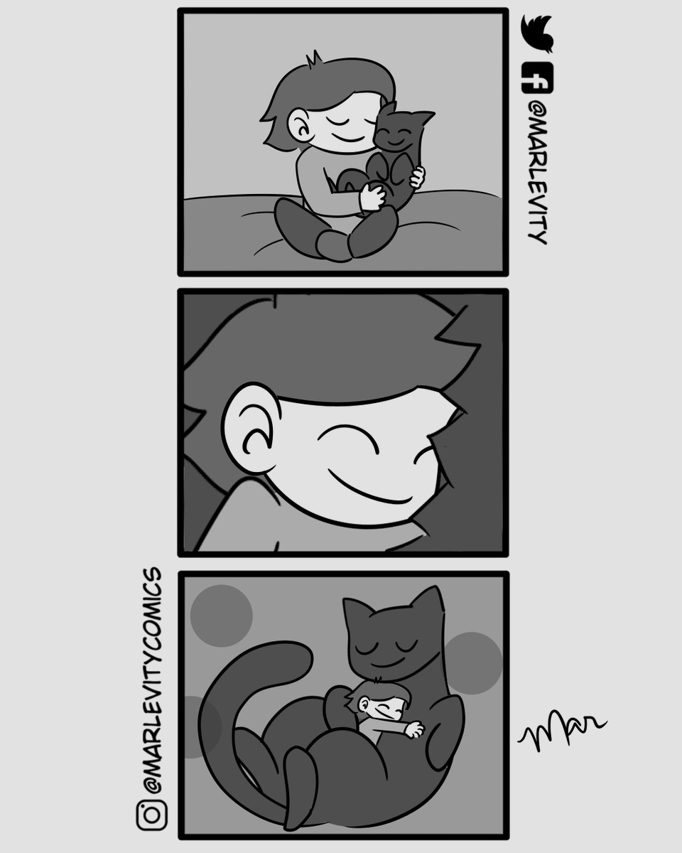 marlevity's tweet photo. A cat snuggle a day keeps the sadness away!

#cats #gatos #catlovers #comics #webcomics #tirinhas #quadrinhos https://t.co/8JWbBg9ls9