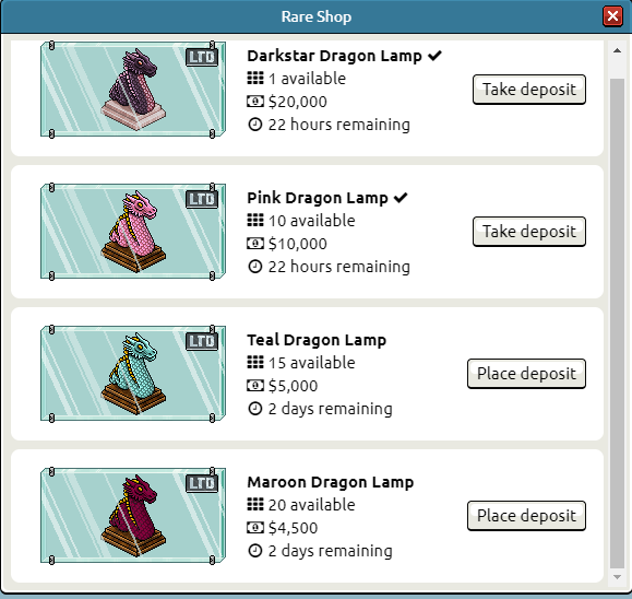 🆕 𝗗𝗥𝗔𝗚𝗢𝗡 𝗟𝗧𝗗 𝗗𝗥𝗢𝗣

Now available to put deposits down on. Be quick because the draw ends today!

🔗 PeakRP.com/rares
📍 LA Mall ➡️ Modani Rares

#Habbo