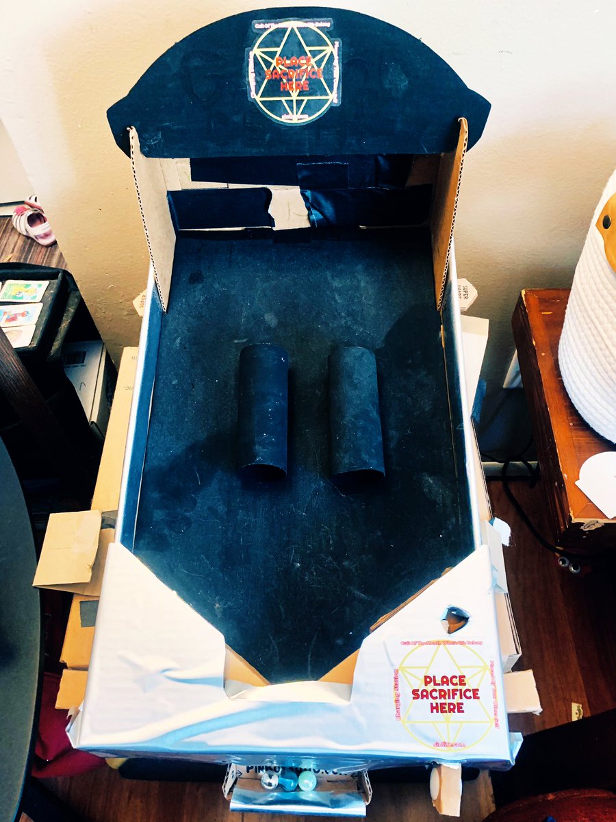 messiahcomplex's tweet image. Working on a @cardboardteck #Pinball game with @GameOfDepth and @CultoftheMonth with some #sharetheblack. You score a point when a ball disappears into the freely rolling black tubes. Hit it hard enough to pop out the other side, and it falls back through that’s 2 points!