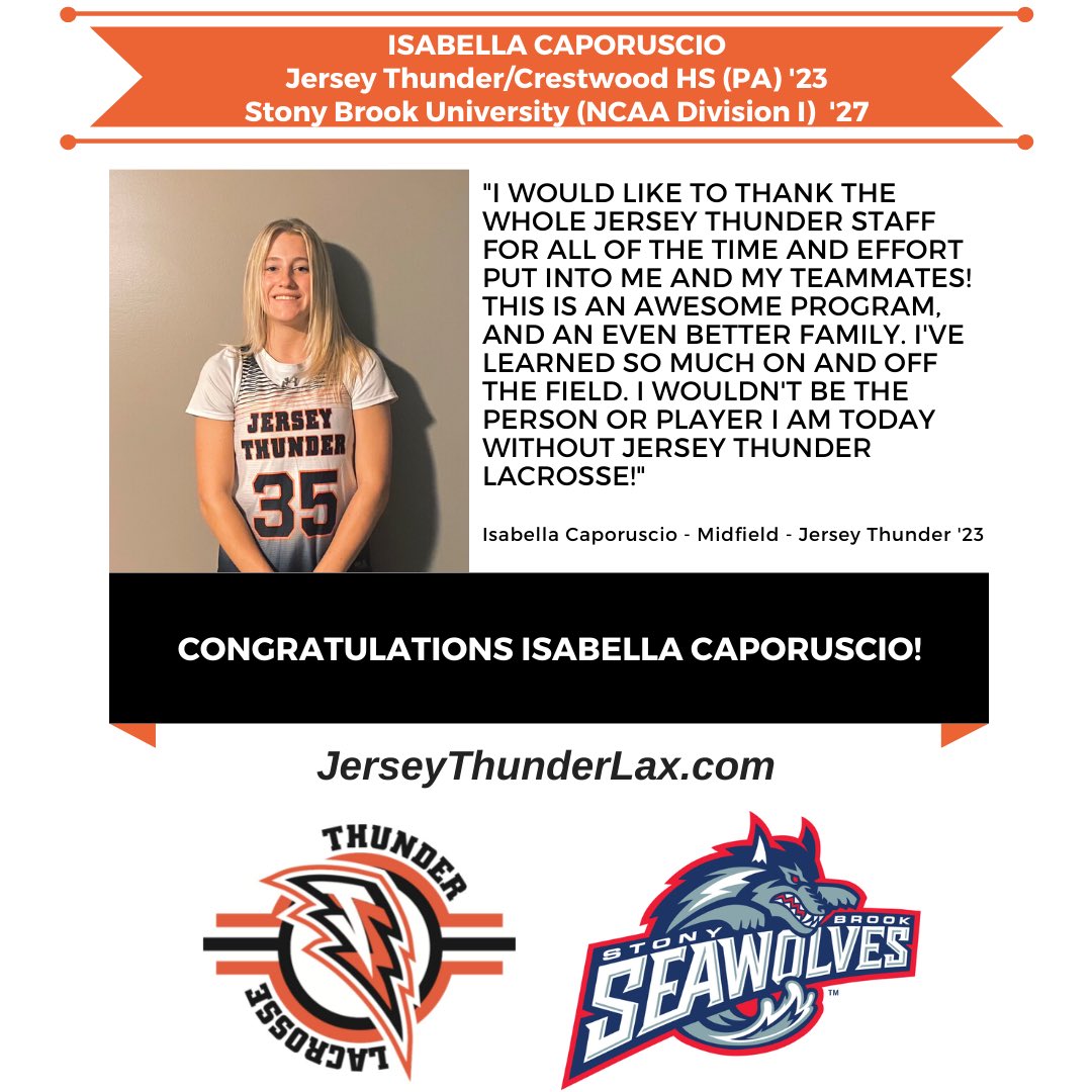A special congratulations to our very own Isabella Caporuscio as she has committed to continue her academic and athletic career at Stony Brook University! Congratulations Isabella!! 🌩🥍