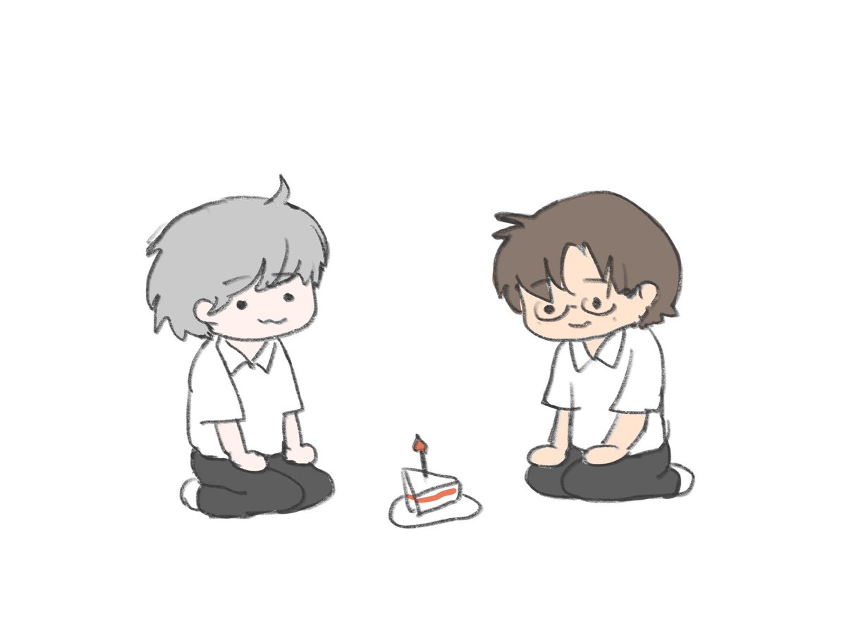 2boys multiple boys glasses cake seiza sitting grey hair  illustration images