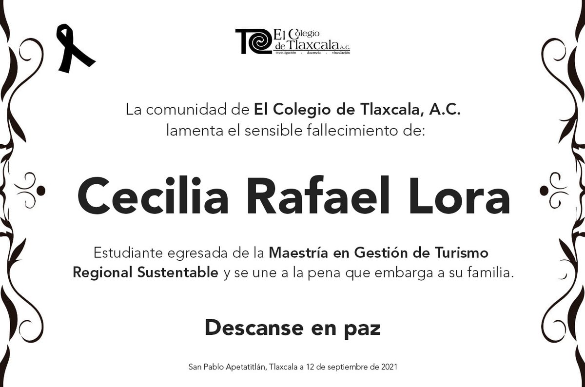 COLTLAX's tweet photo. Lamentamos profundamente el sensible fallecimiento de nuestra estudiante, Cecilia Rafael Lora 😔
La recordaremos por su compromiso y dedicación en nuestra institución. DEP https://t.co/rV72rQhdde