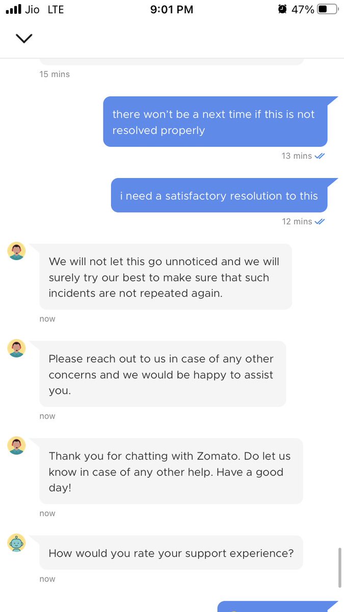 BjornArya's tweet photo. @zomatocare with resolving my problem your customer care executives very conveniently say that this won’t happen next time and end my chat. worst behaviour. https://t.co/ylgvAQQLy5