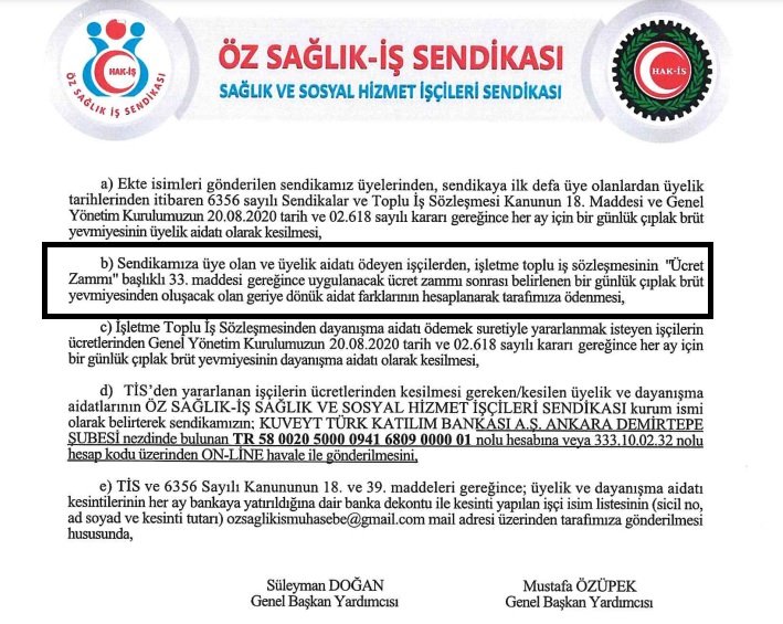 İşçiye  yaptığı 2 sözleşmede 1 tane dahi kazanım elde edemeyen,eski hakları korumak için mücadele ettiği palavralarını uyduran,işçinin aidat indirimi taleplerine kulak tıkayıp TİS sonrası Bakanlığa farktan doğan aidatların ödenmesi için İBAN veren sendikanın adıdır <a href="/ozsagliksen/">Öz Sağlık-İş Sendikası</a>