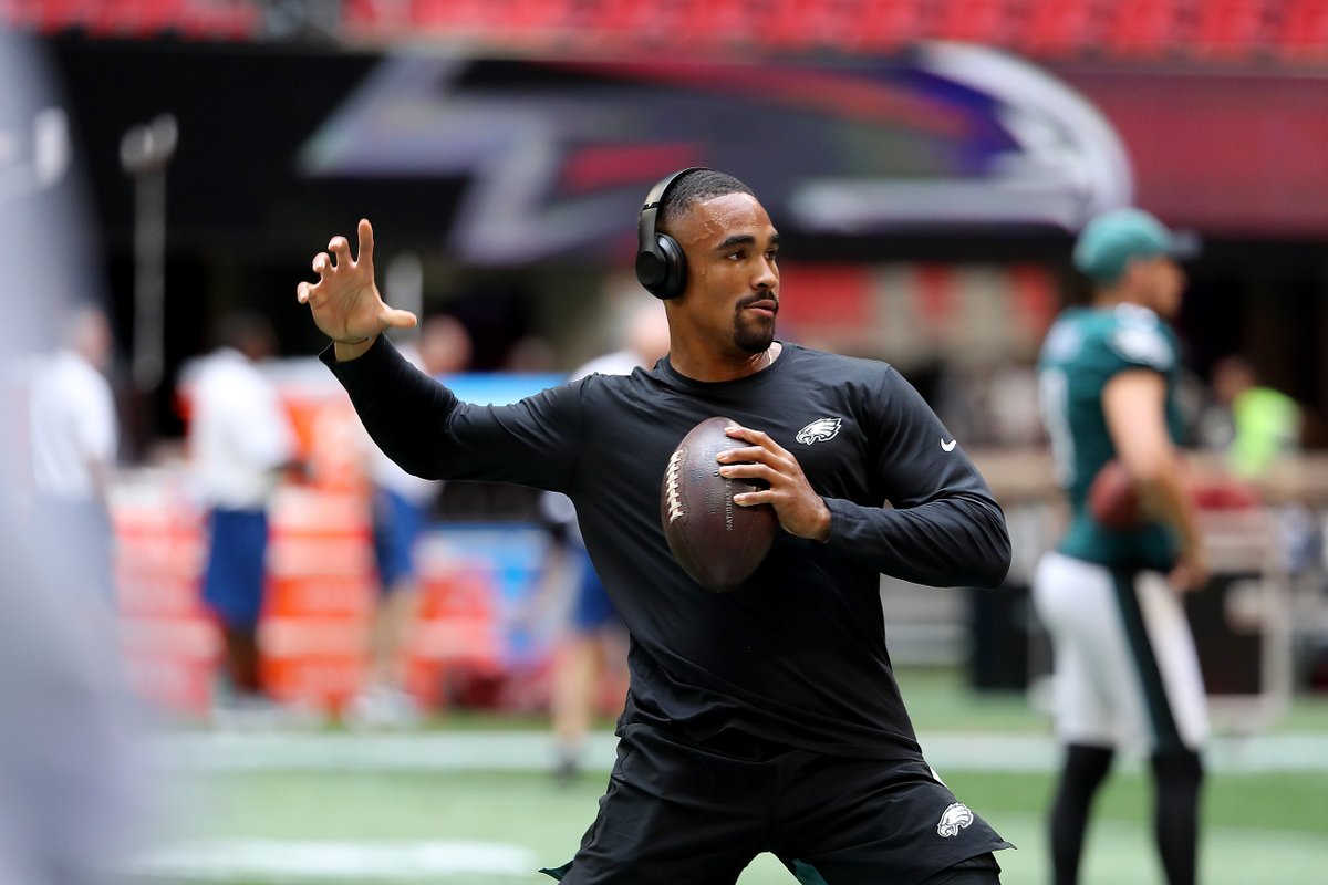 Eagles starting quarterback Jalen Hurts warming up before the season opener against the Falcons in Atlanta. #Eagles #Falcons #photo #NFL