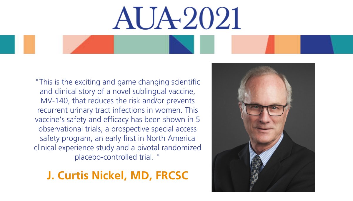 Amer. Urol. Assn. (@amerurological) on Twitter photo Dr. J Curtis Nickel <a href="/jcnickel4/">J. Curtis Nickel MD</a> presents Late-breaking abstract: A Novel Sublingual Vaccine will Dramatically Alter the Clinical Management of Recurrent Urinary Tract Infections in Women happening in 5 minutes in the plenary bit.ly/3lcdwAd #AUA21 Dr. J Curtis Nickel <a href="/jcnickel4/">J. Curtis Nickel MD</a> presents Late-breaking abstract: A Novel Sublingual Vaccine will Dramatically Alter the Clinical Management of Recurrent Urinary Tract Infections in Women happening in 5 minutes in the plenary bit.ly/3lcdwAd #AUA21