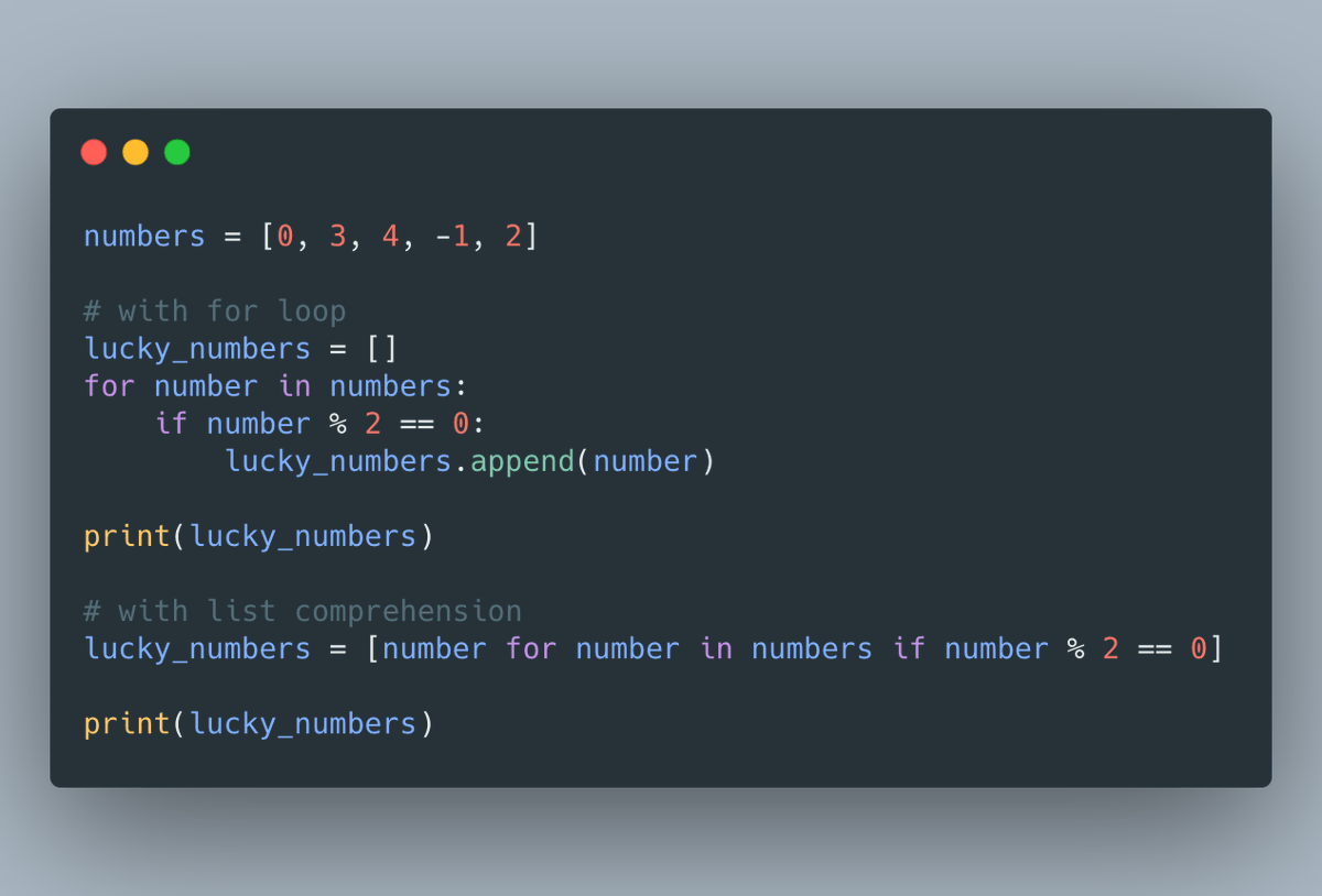 testdrivenio's tweet image. Python Clean Code Tip:
Use a list comprehension to filter lists instead of for loop
👇