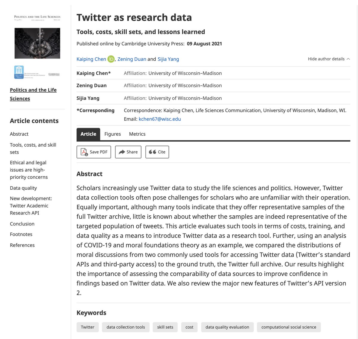 CAMER_UW's tweet photo. 🚨NewPub: new publication in @PLSJournal @CambridgeCore with CAMERer @ZeningDuan_Ze and @Kaiping_Chen from @UW_LSC. 
We introduce different tools for collecting/analyzing @Twitter data and we highlight the importance for assessing comparability of data sources/generation process. https://t.co/BNvoykIkWO