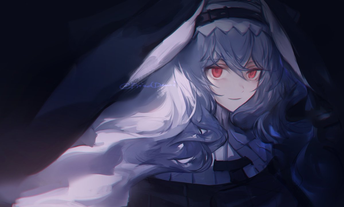 specter (arknights) 1girl solo red eyes long hair looking at viewer grey hair smile  illustration images