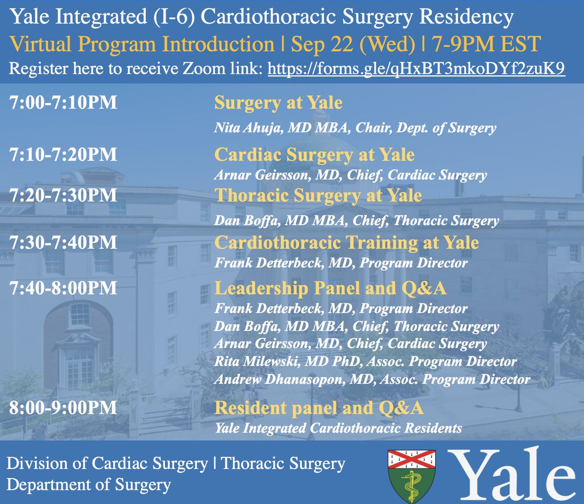 yalectsurgery's tweet photo. We are excited to announce our Yale I-6 info session next week, 9/22 Wed 7-9PM EST! There will be a program overview, program leadership panel followed by resident Q&amp;A. For applicants interested, please join us by registering here: https://t.co/XrFiieTdjb https://t.co/6qFycEdCft