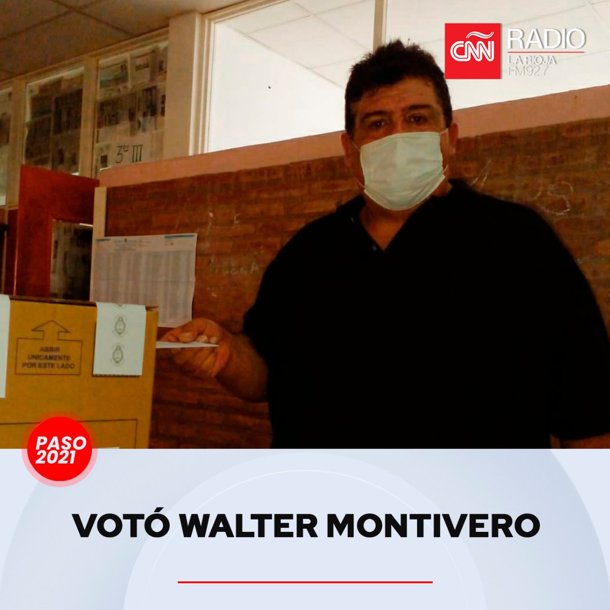 CNNRadioLaRioja's tweet photo. #EleccionesPASO2021📦
En el Colegio 4 del Barrio 12 de Junio, el Concejal del Bloque Peronista Walter Montivero ejercicio su deber cívico https://t.co/ks3hFVeQW9