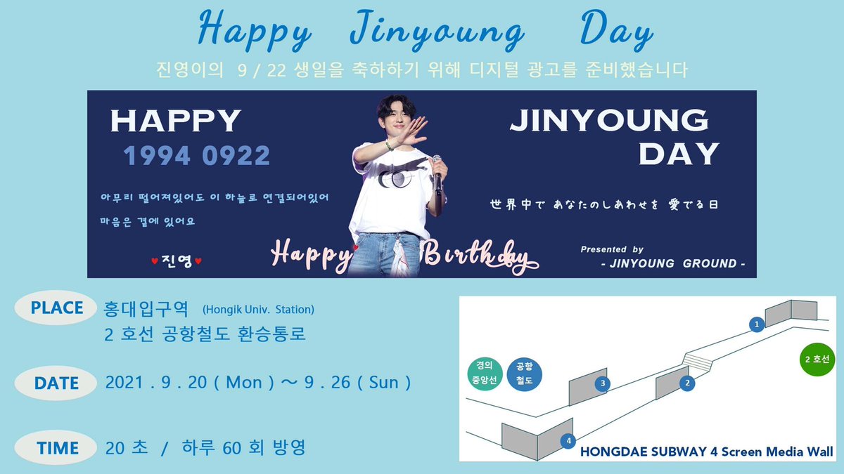 Jr_ground's tweet photo. 🄷🄰🄿🄿🅈
🄹🄸🄽🅈🄾🅄🄽🄶 🄳🄰🅈

진영이의 9/22 생일을 축하하기위해 디지털 광고를 준비했습니다♡

🎀홍대입구역 (2호선)
　 공항철도 환승통로
　 ①～④ Screen

🎀2021. 9.20 ～ 9.26

따뜻한 마음으로
같이 축하해주시면 좋겠습니다🎈

#진영 #JINYOUNG #GOT7 
#박진영 #Jinyoung #IGOT7 https://t.co/AlzcWi6P70