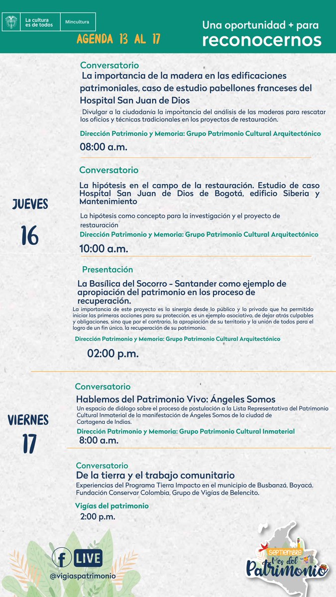 Buen Domingo, 
Agéndense, les compartimos la agenda del 13 al 17 de septiembre mes del patrimonio.
Una oportunidad+ para conocernos 
#YoSoyPatrimonio
#MinCultura