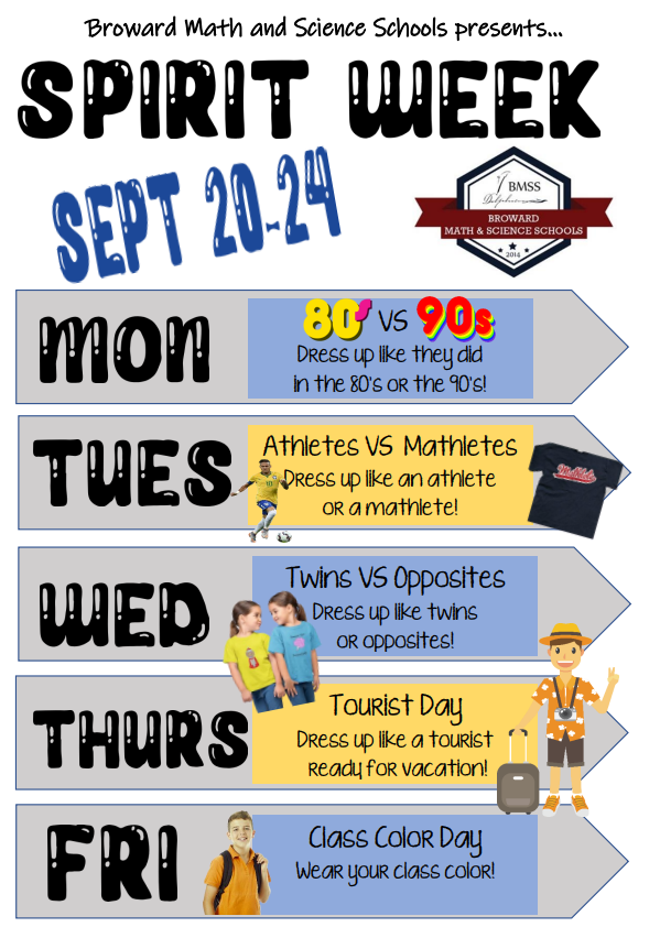 BrowardMathSci's tweet photo. We are excited for our Fall Spirit Week! Click on the picture for the full Spirit Week Schedule for the week of September 20-24. https://t.co/L2JSuCW7uV