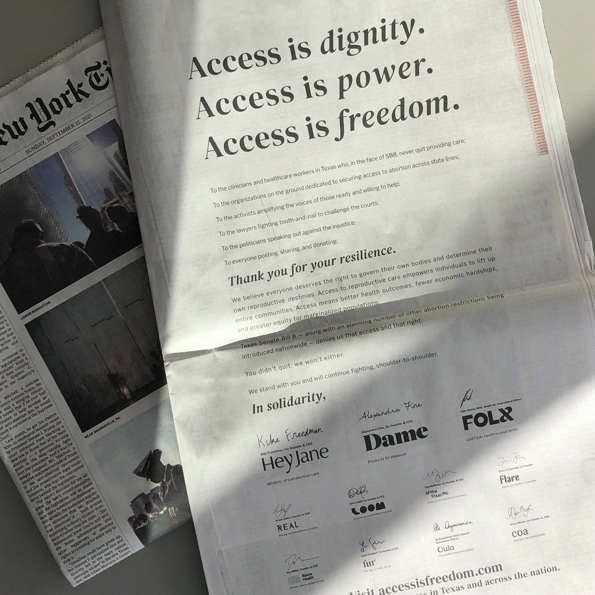 Proud to be in the <a href="/nytimes/">The New York Times</a> today with
<a href="/heyjanehealth/">Hey Jane</a>, <a href="/dameproducts/">Dame Products</a>, <a href="/folxhealth/">FOLX HEALTH</a>, @fur_you, <a href="/joinreal/">Real</a>, <a href="/loomhq/">Loom</a>, @joinsevenstarling, <a href="/sporahealth/">Spora Health</a>, <a href="/oulahealth/">Oula</a>, and <a href="/joincoa/">Coa</a> to demand better abortion access in Texas – visit accessisessential.com to support!