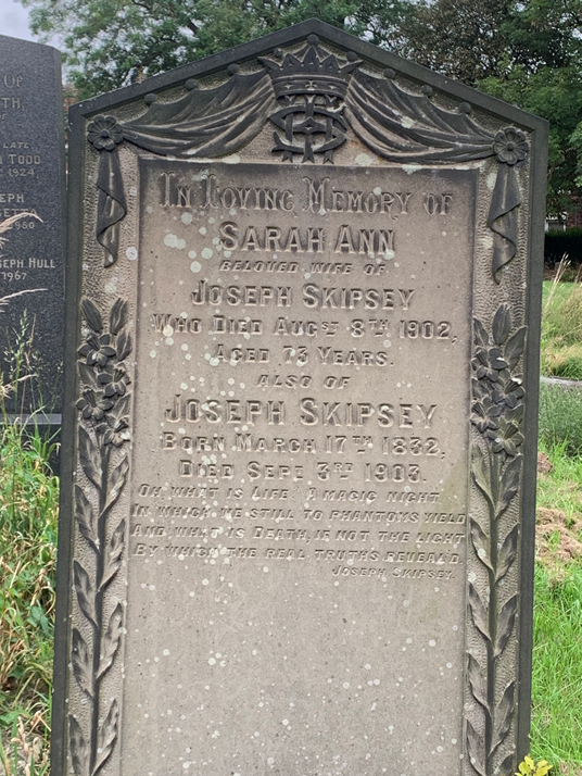 The grave of Joseph Skipsey (1832-1903), the Pitman's Poet’, buried alongside his wife Sarah Anne, in East Gateshead Cemetery. Among his admirers were Dante Gabriel Rossetti, Thomas Carlyle, Holman Hunt, William Morris, Edward Burne-Jones, Oscar Wilde and WB Yeats.