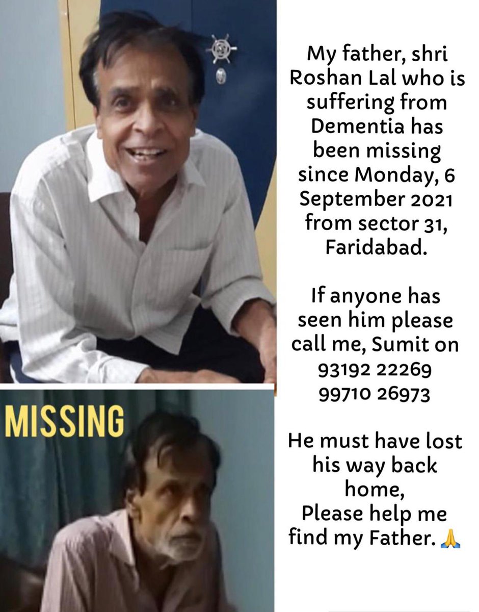 orenjunal's tweet photo. #MissingPerson
#MissingPersonsIndia
Please help find Mr. Roshan Lal. Last seen on 6th September 2021. Went missing from Sector 31, Faridabad, India. He is suffering from Dementia and mustโve lost his way home.
If you have any information please contact:
93192 22269
99710 26973 https://t.co/n2RR2zlSGR