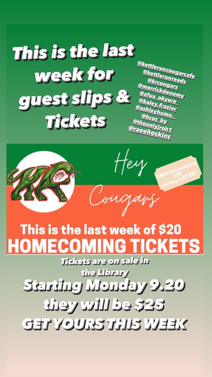Don’t forget to get your Homecoming tickets this week! <a href="/KettleRunNews/">Kettle Run HS</a> <a href="/KettleRunFB/">Kettle Run Football</a> @krun_junior_sca <a href="/krun_Senior_sca/">Kettle Run Senior SCA</a> <a href="/sca/">SCA</a>
