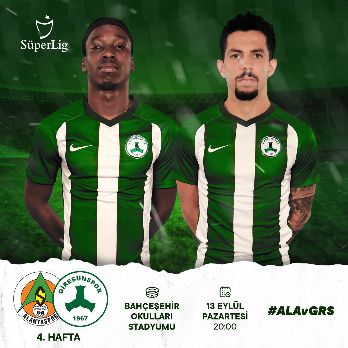 Giresunspor's tweet photo. 🆚 Aytemiz Alanyaspor
📅 13 Eylül Pazartesi
⏱ 20:00
🏟 Bahçeşehir Okulları Stadyumu 
📲 #ALAvGRS https://t.co/mrIOyB7Atl