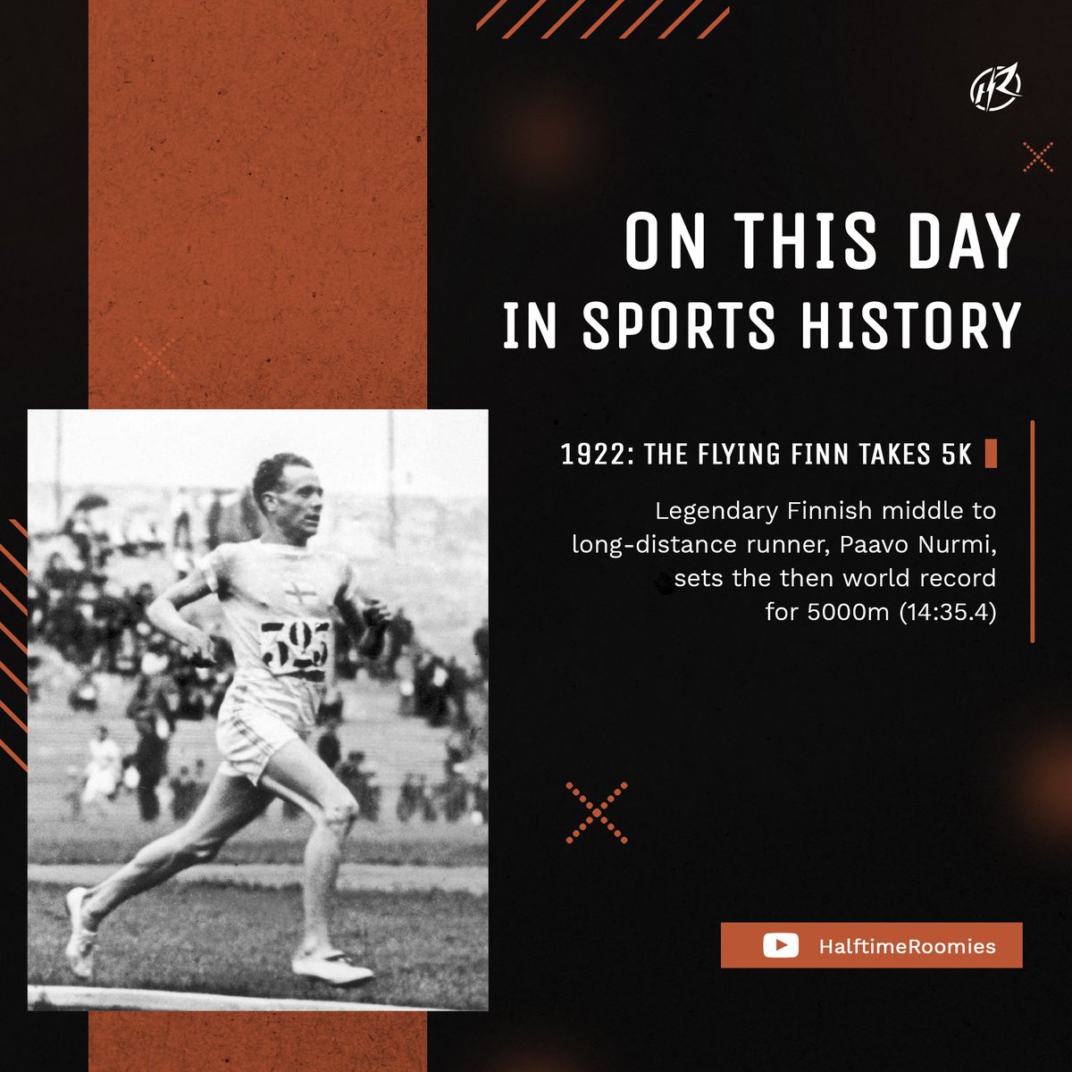 HalfTimeRoomies's tweet photo. #OTD In Sports History: Legendary Finnish middle to long-distance runner, Paavo Nurmi, sets the then world record for 5000m(14:35.4)

#PaavoNurmi #Paavo #PhantomFinn #FlyingFinn #WorldRecord #LongDistanceRunner #Running #Runner #Finland #Olympics #WorldGames #5K #5000M #OnThisDay https://t.co/FOZ0eXZGof
