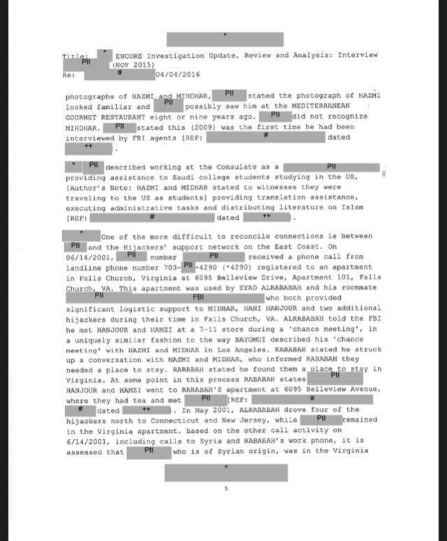 ElleLatham's tweet photo. The @FBI 9/11 report with a million redactions of relevant information reads like a weird ad for Mediterranean Gourmet Restaurant on Venice Blvd in Los Angeles. 🤷🏼♀️ https://t.co/pxfbhpKtCO #911Report #SundayThoughts #MediterraneanGourmet #911Anniversary #RedactedReport https://t.co/4Ig9EMxgSG