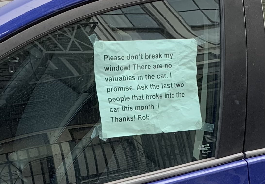 Spicy Chicken Sandwich on Twitter: "it's my first day in San Francisco, and  I've already passed multiple cars with signs like this and spoke to a few  locals about their own break-ins