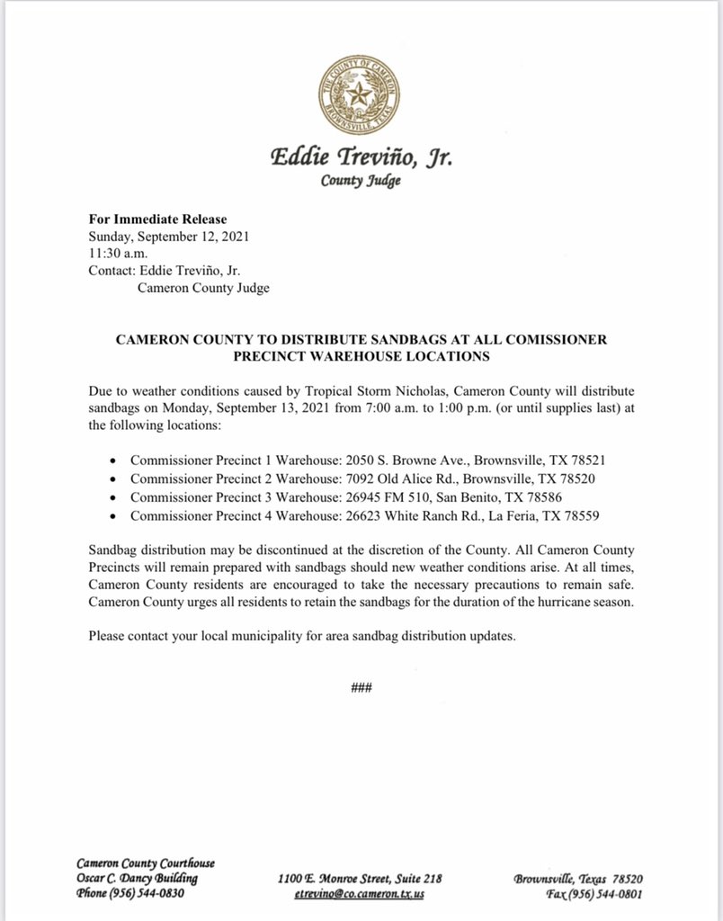 Cameron County to distribute sandbags starting at 7:00 am TOMORROW, Monday, September 13th in preparation for Tropical Storm Nicholas. Please keep these sandbags for the duration of hurricane season! ‼️

Stay safe Cameron County!