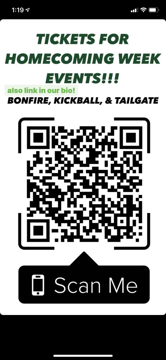 Scan QR code or see link in our bio to buy tickets for Kickball Tournament, Bonfire, and Tailgate during Homecoming Week!💚🖤