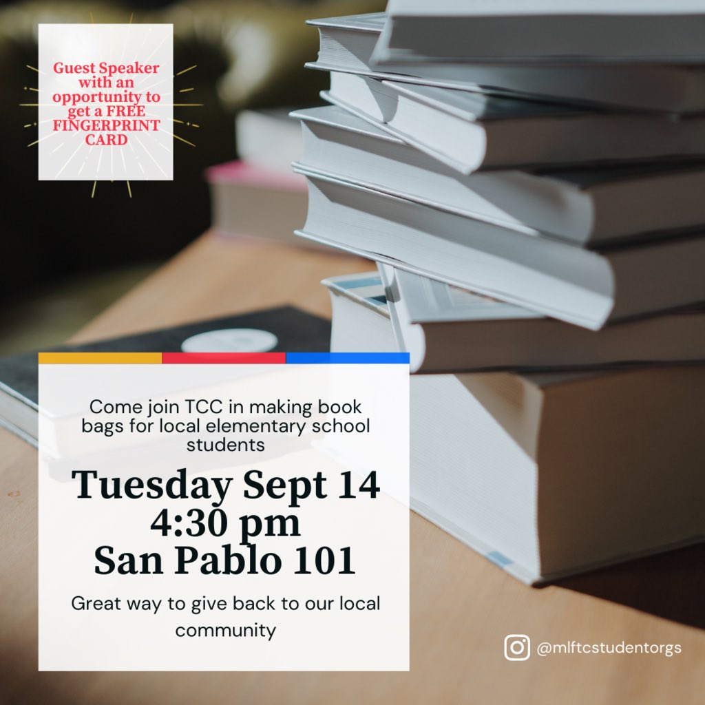 mlftcstudentorg's tweet photo. Who’s ready for our next upcoming event!?? Join us next week as we make book bags for local elementary schools 🏫📚📒 
There will also be a chance for you to hear from a special guest speaker and get the opportunity to win a FREE fingerprint card! 
Join us on Sept. 14th at 4:30pm https://t.co/wUVjXraNnx