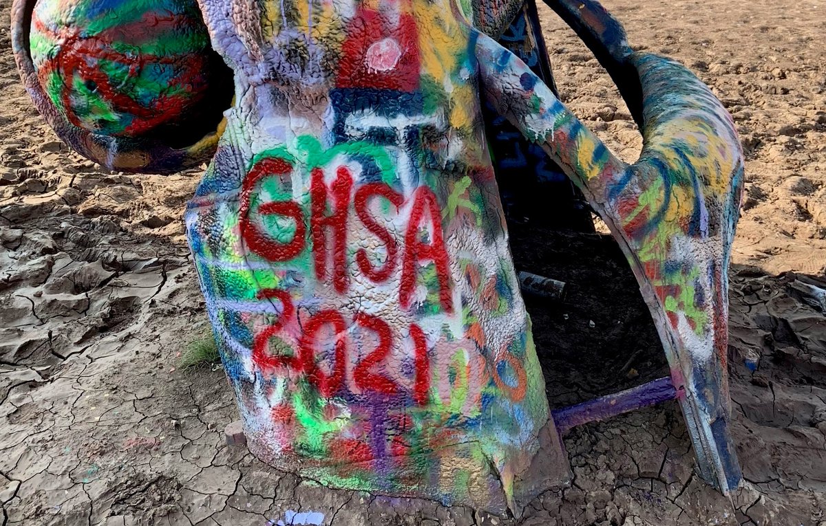 GHSAHQ's tweet photo. .@TAPence former @TxDOT Traffic Safety Section Director and a member of GHSA’s Consulting Services Initiative team, shows his support for #GHSA2021 on a stop at Cadillac Ranch in Amarillo, Texas on his way to the Annual Meeting! 🚗🖌️🎨 https://t.co/thvxTqBrK5