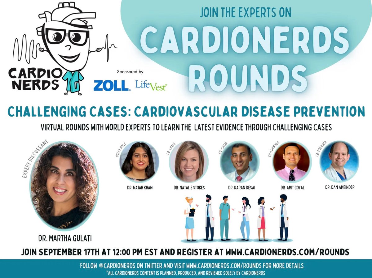 CardioNerds (@cardionerds) on Twitter photo #CardsRounds - Let's Round w/ <a href="/DrMarthaGulati/">Dr. Martha Gulati ♥️🫀❤️🩹🇨🇦</a> to discuss:
📝Challenging #CVDPrevention Cases presented by <a href="/karanpdesai/">Karan Desai MD FACC</a> <a href="/natstokes/">Natalie Stokes</a> & <a href="/najahakhan/">Najah Khan</a>:
🎙️LIVE: Fri Sept 17th at 12pm EST
🔗Register: cardionerds.com/rounds/ #CardsRounds - Let's Round w/ <a href="/DrMarthaGulati/">Dr. Martha Gulati ♥️🫀❤️🩹🇨🇦</a> to discuss:
📝Challenging #CVDPrevention Cases presented by <a href="/karanpdesai/">Karan Desai MD FACC</a> <a href="/natstokes/">Natalie Stokes</a> & <a href="/najahakhan/">Najah Khan</a>:
🎙️LIVE: Fri Sept 17th at 12pm EST
🔗Register: cardionerds.com/rounds/