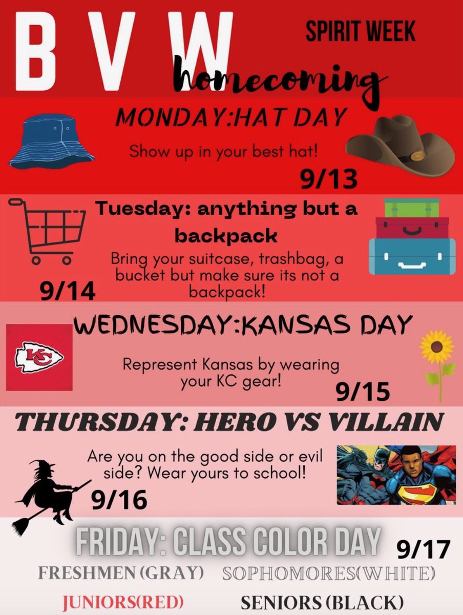 Hey everyone—starting Monday is HOMECOMING SPIRIT WEEK! Here’s the theme for each day:
Have fun and go JAGS! 🐆❤️ #bvw
