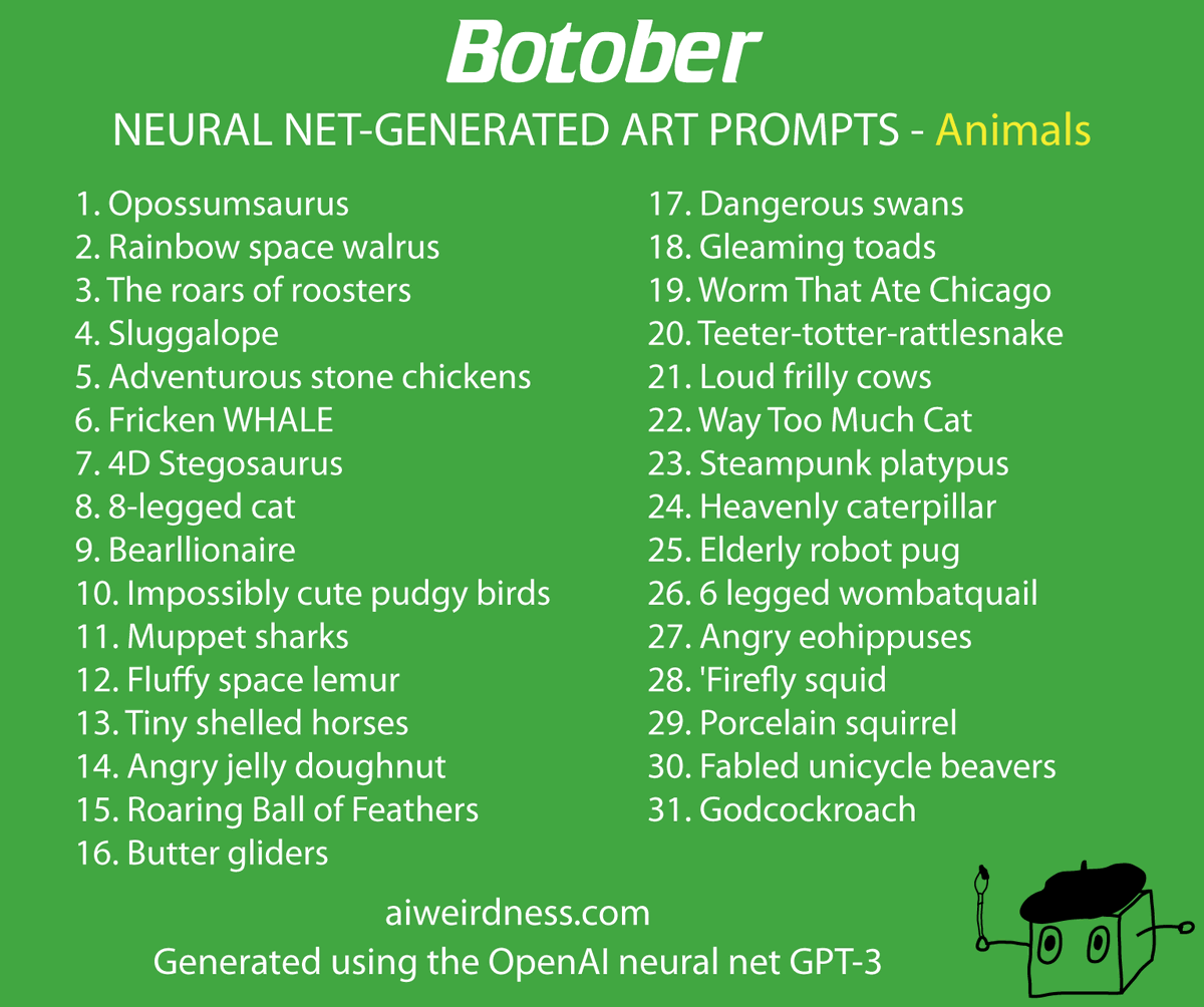 JanelleCShane's tweet photo. Because I so dearly love it when humans play along when computers ask for silly things, I have generated drawing prompts for #botober2021!

I've managed to get GPT-3 to follow themes. Here's "animals".
https://t.co/eJM6abeEdR https://t.co/9llXqeV1Hc