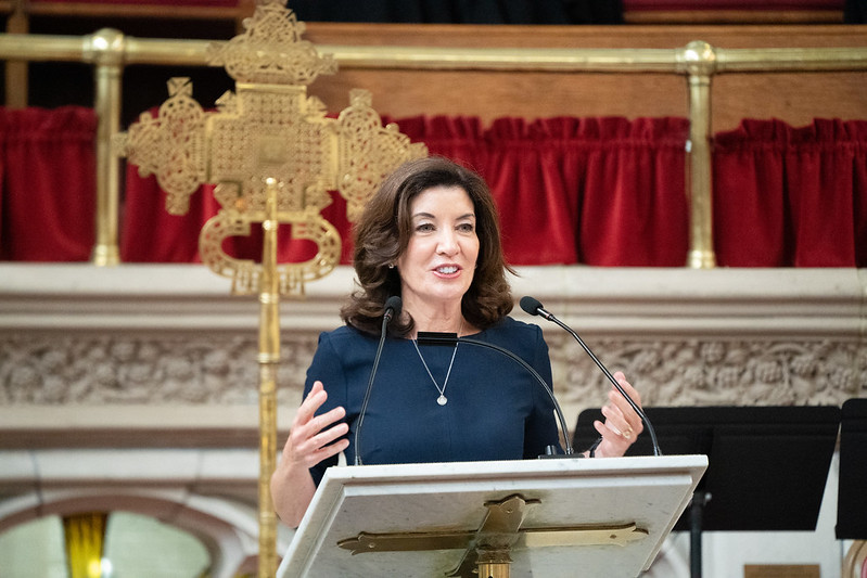 Governor Hochul stands at podium speaking