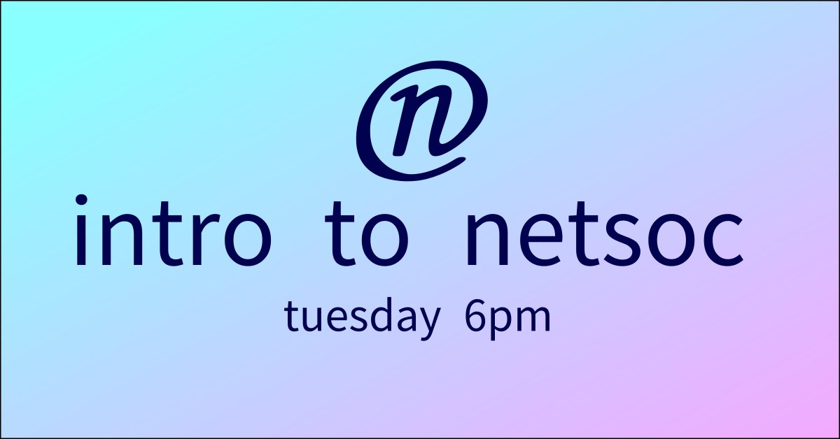netsoc's tweet photo. Come join netsoc for our first event! We will be giving a quick run through of all the different services we offer, such as user webspaces and our matrix server. https://t.co/Ml0mvR50zr