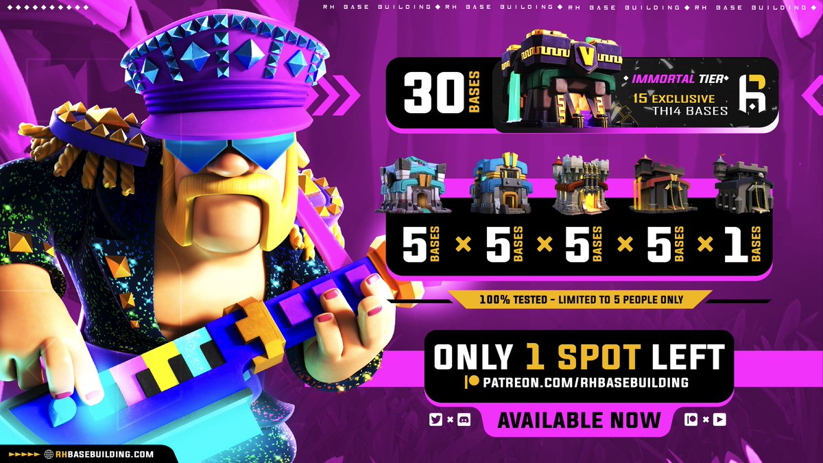 💥Limited Immortal Tier - September

😱51 Base Layouts Total

🔶10x Classic War
🔶12x ESL / CWL
🔶8x Legend League

🔷5x TH13 - 5x TH12 - 5x TH11 - 5x TH10 - 1x TH9

💯100% New Meta Ready Bases

🚫ONLY 1 SPOT LEFT!

⬇️JOIN HERE!⬇️
‼️(Instant Delivery)🔥
🔗patreon.com/rhbasebuilding