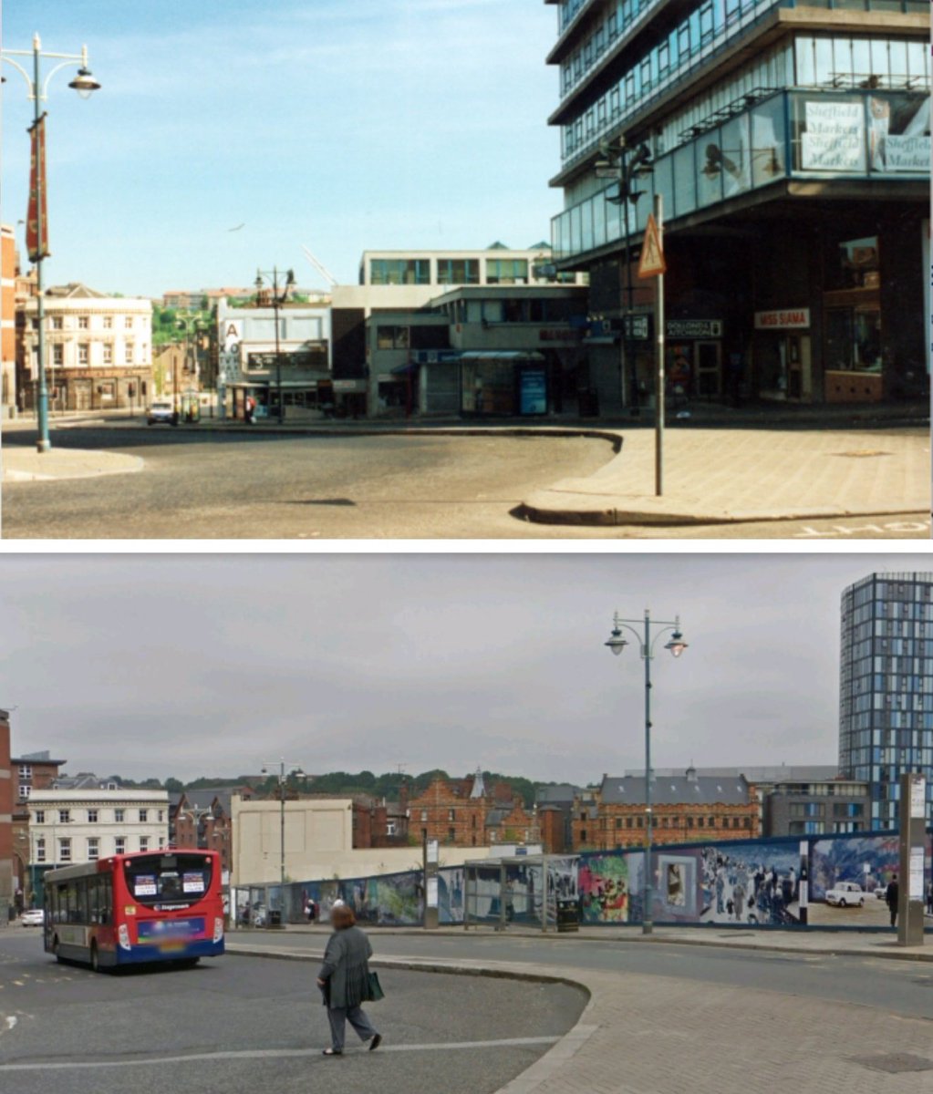 OldSheffield's tweet image. Waingate looking towards Lady's Bridge with Castle Market right , 1999. The market was demolished in 2015 and following the excavation of the castle remains the site awaits development #Sheffield #castlegate
