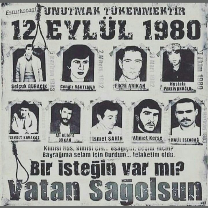 #bozkurtlarunutmaz  Hepsine Allahtan rahmet diliyorum. Vatan sagolsun.😓 12 eylülde darbeyi yaşamış birisi olarak  boğazım düğümleniyor. Çünkü benim babam da dev solun ölüm listesindeydi. Sıcağı sıcağına yaşadık o günleri..