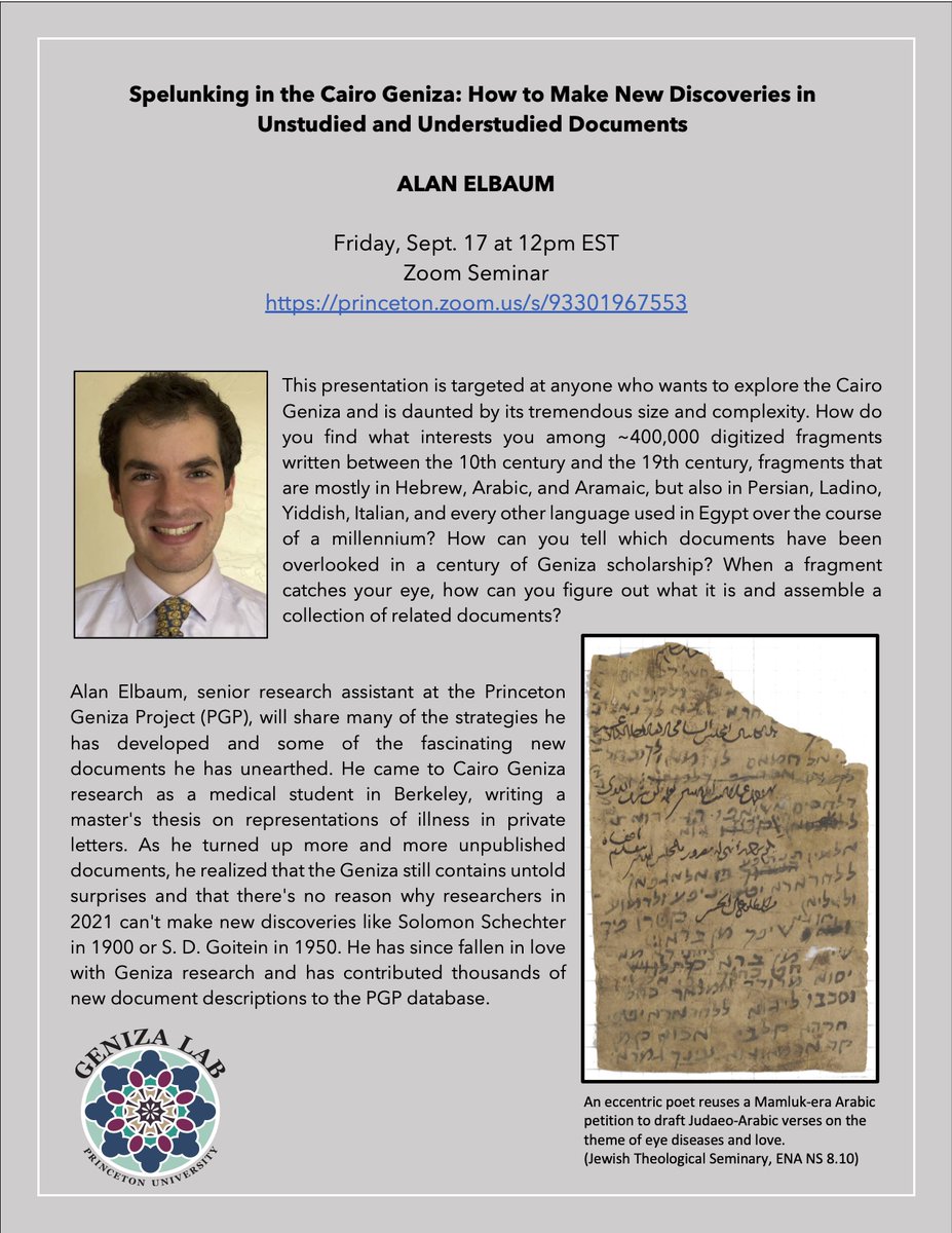 GenizaLab's tweet photo. Coming up this Friday 9/17 at noon EST - I (Alan) will be sharing tips and tricks and techniques for exploring the Cairo Geniza.

Zoom registration link: https://t.co/enlYf2iqDo

FB event:https://t.co/mW36XFSNBj https://t.co/kjyeqThAJK