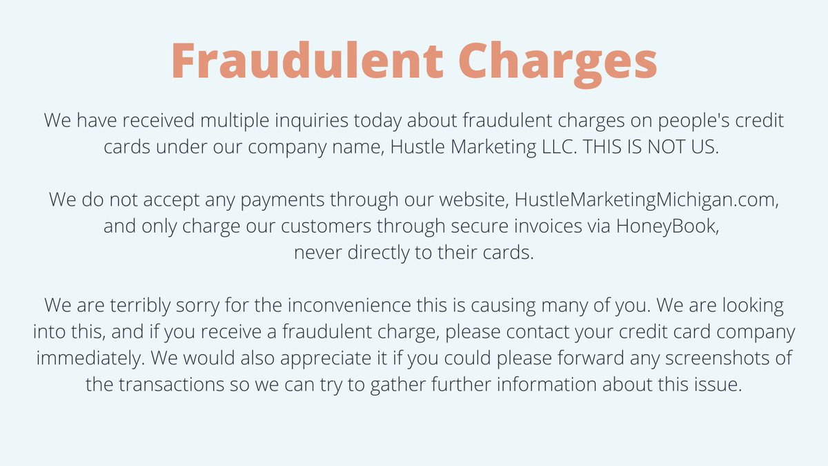 hustle_mkt's tweet image. A note concerning fraudulent charges.